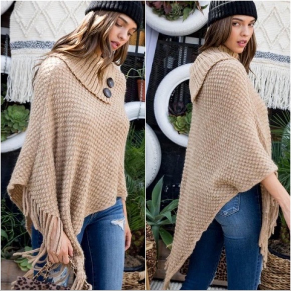 FEELING FREE PONCHO SWEATER- CAMEL - Picture 2 of 4